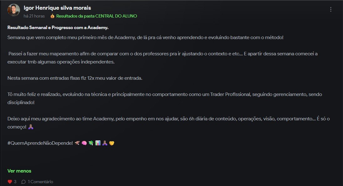 Post do Igor com resultado semanal no primeiro mês