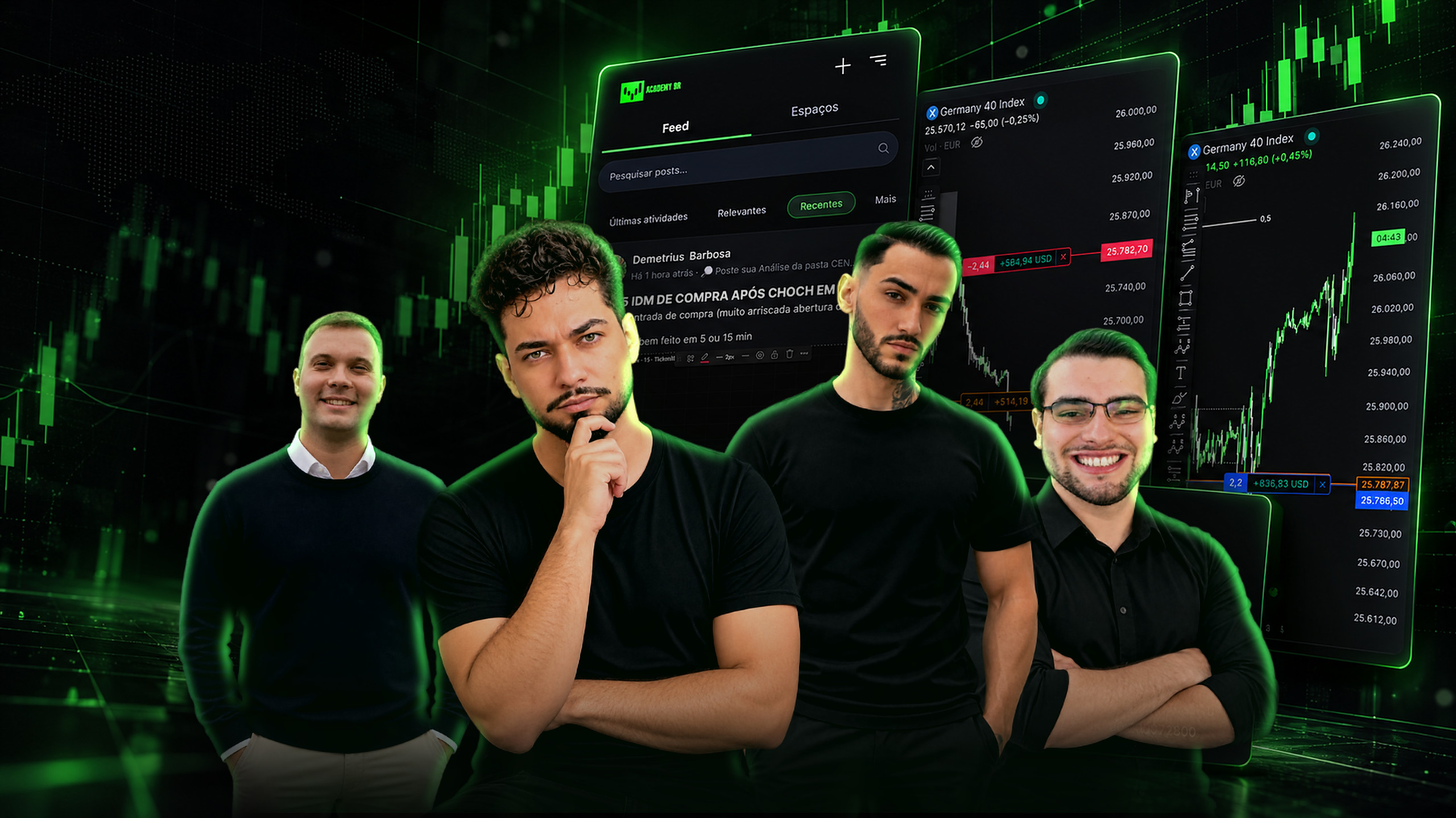 Taynã, Pablo, Vitor e Luan, a equipe do Academy Club, em frente às telas do app